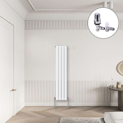 Flat Panel Designer Radiator White + Chrome Angled TRV Thermostatic Radiator Valves Vertical 1600x272mm Double