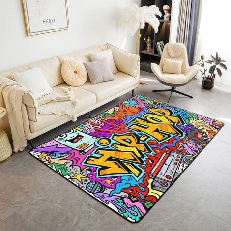 Hip Hop décoration Tapis de Salon 150x200cm Hippie Graffiti Style Salon Tapis Chambre Graffiti Motif Street Culture Grunge Art Tapis décoratif Terrasse Chambre à Coucher Tapis de Sol (1/5)