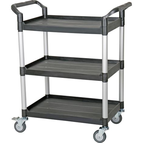 STIER Servierwagen, mit 3 Etagen, Schiebegriffe auf beiden Seiten, LxBxH 850x480x1000 mm, Tragkraft 150 kg, 4 Lenkrollen, 2 davon feststellbar, Etagenwagen, Schiebewagen, schwarz