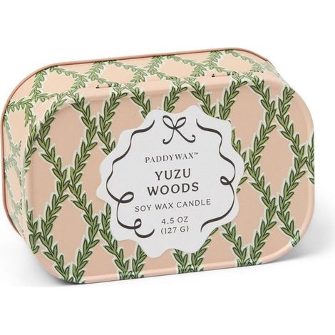 Candela in Latta Stampata Cherie 127g Rosa Verde Yuzu Woods Paddywax