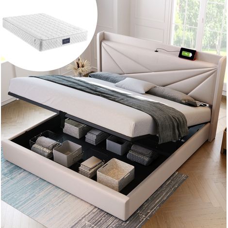 Cama 140x200 cm de tejido beige con almacenaje y USB, ahorra espacio, sin colchón – MEUBLIV (1/5)