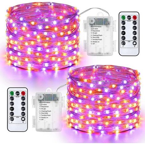 Juego de 2 guirnaldas de luces LED a pilas，10 m，100 LED，con mando a distancia，8 modos de iluminación，resistente al agua IP20，Morado oscuro (1/5)