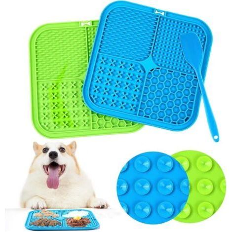 Tapis de Lèche Chien, 2Pcs 20x20cm Tapis Lécher pour Chien avec 1 Spatule Silicone, sans BPA Tapis de Lechage pour Chat avec Ventouse pour Bain, Entraînement, Toilettage (Bleu+Vert)