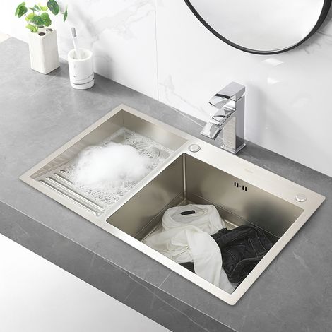 【Chauffage et ventilation】Évier à linge en acier inoxydable avec planche à laver, 2 bassins 80 cm, pour Buanderie, Cuisine, Balcon et Extérieur, Facile à Nettoyer (1/5)