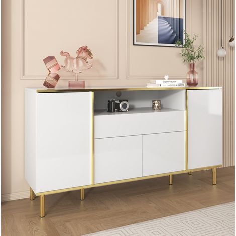 Credenza bianca con 1 cassetto, 6 scomparti portaoggetti e illuminazione LED, 150x40x80 cm (1/5)