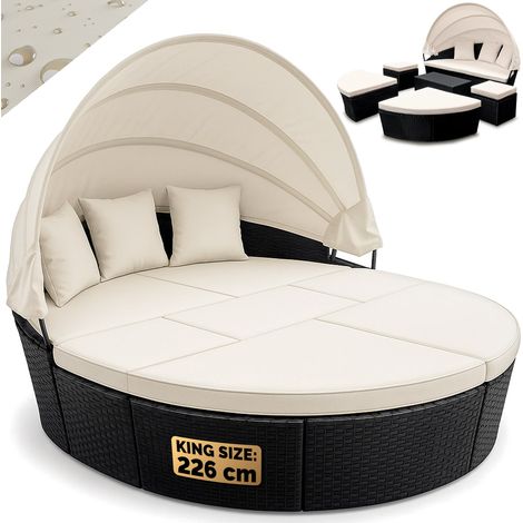 Deuba Poly Rattan Sun Day Bed Garden Furniture with Table and Canopy Black Outdoor Patio Sofa Lounger Set (1/5)