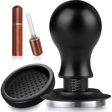 Espresso Tamper 51mm, Stainless Steel Coffee Press, Spring Loaded Espresso Tamper with Scale, Tamper Set for Coffee Machine with Silicone Pad and Espresso Coffee Stirrer(Walnut)