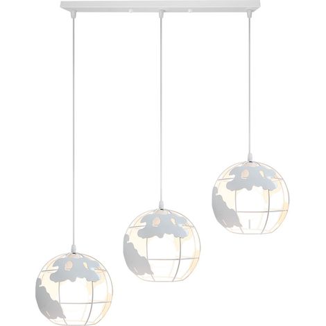 Lámpara Colgante, Industrial Lámpara de Techo con Ø20cm Jaula de Globo, Iluminación de Metal E27 para Cocina Sala Comedor Dormitorio Blanco 3 Luces Base Rectangular