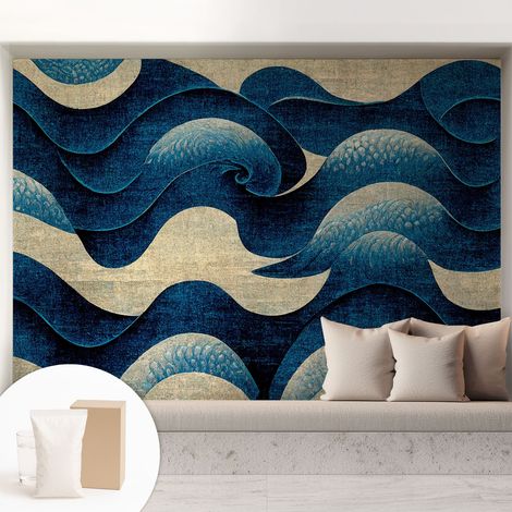 Papier peint avec colle pour décoration moderne de salon chambre à coucher cuisine et bureau Facile Vagues bleues 208x146 cm (1/5)
