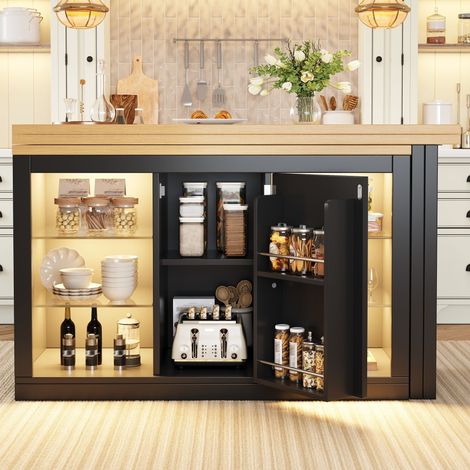 Îlot de cuisine extensible 120-197x40x72cm,plateau pivotant à 360°, Table de bar LED,portes magnétiques,étagères en verre, MDF,Noir