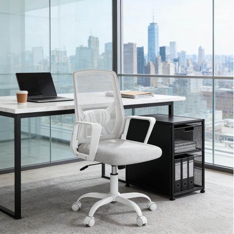 Silla de oficina de malla gris claro y blanco, respaldo plegable, altura 44-53,5 cm, inclinación 15°, 57x57 cm (1/5)