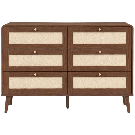 Commode 6 tiroirs, 120 cm de large, avec motifs alternés rotin et noyer, pour chambre à coucher, coins arrondis et pieds surélevés, noyer (1/5)