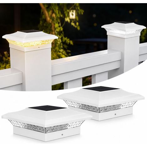 Lot de 2 Lampe Solaire pour Poteaux, 2 Modes LED, IP65 Étanche Lampes Solaires Capuchons 9x9 10x10 cm Poteaux, Blanc Lampe Exterieur pour Terrasse, Jardin (Blanc Froid 6000K (1/5)