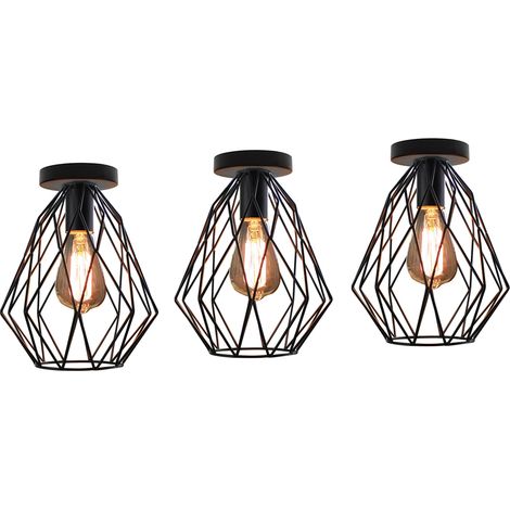 Luz de Techo Industrial de Jaula Metálica E27 Negro Lámpara de Techo Vintage Retro 3 Piezas
