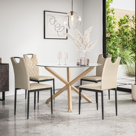 Malvern Round Dining Table And Chairs -  Clear Glass Table Top w Solid Oak Legs + Monza Faux Leather Dining Chair Set Of 4 (Beige) (1/5)