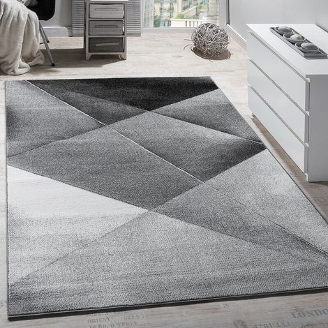 Tapis Design Moderne Motifs Géométriques Poils Ras Gris Noir Blanc Chiné 70x140 cm (1/4)