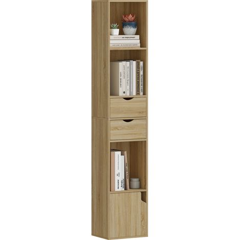 Bibliothèque 6 niveaux avec tiroirs et porte, étagères ouvertes, 30 x 24 x 158 cm, chêne - PANGIVO (1/5)