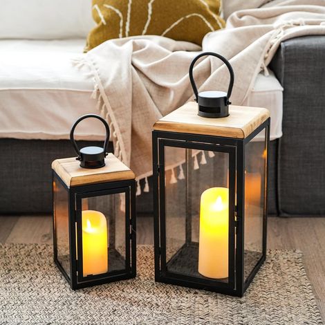 Lot de 2 grandes lanternes à bougie modernes en métal noir ouragan pour intérieur et extérieur - Lanternes de sol vintage pour décoration de maison, cheminée, patio, porche, jardin, table de (1/5)
