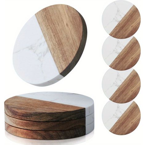 Dessous de verre en marbre et bois avec joints, carrés et ronds, 10 cm, en relief, fabriqués artisanalement avec imitation (1/5)