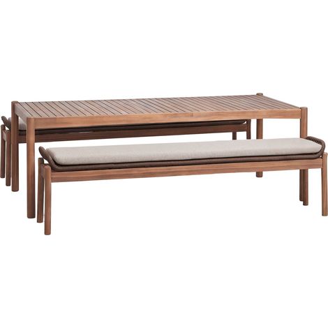 Set da tavolo rettangolare 180x90 cm e 2 panche da giardino in legno di acacia e corda intrecciata Karvia SKLUM