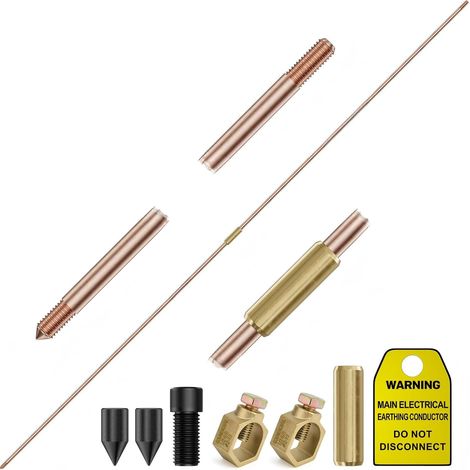 Lot de piquets de terre de 2,4 m de profondeur, tige de terre sectionnelle M16 recouverte de cuivre avec pinces de mise à la terre pour mise à la terre électrique, protection contre les foudre (1/5)