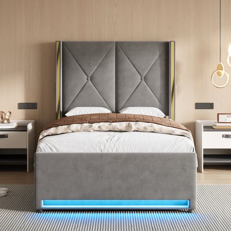 Lit en velours avec tête de lit haute, rembourrée et capitonnée, poches latérales, USB et LED, système de levage hydraulique et grand espace de rangement sous le lit – alliant design, confort et prati (1/5)