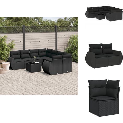 9-tlg. Garten-Sofagarnitur mit Kissen Schwarz Poly Rattan - Gartenmöbel Set - Esszimmergarnitur - Rattan Möbel - Outdoor Möbel - Balkonmöbel (1/5)