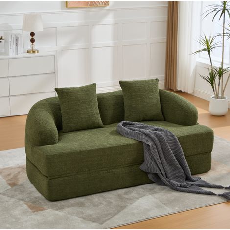 Canapé convertible 2 places en chenille verte, avec 2 coussins, pliable, 157 x 84 x 65 cm DESVIAE (1/5)