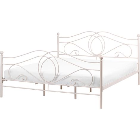 Bed Frame Light Beige Metal EU Super King Size 6ft with Slatted Base Headboard and Footboard Retro Vintage LYRA (1/5)