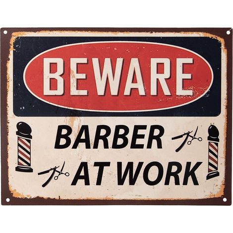 Plaque Murale Décorative Vintage en Fer Style Barbier Beige Rouge et Bleu 33x25 cm - PANGIVO