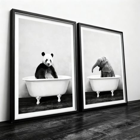 Poster décoratif pour salle de bain et WC, art mural amusant d'éléphant dans la baignoire, impression murale animale, peinture sur toile en noir et blanc, pour baignoire nordique, salle de bain (1/5)