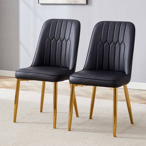 Lot de 2 chaises de salle à manger, chaise de cuisine et fauteuil de salon rembourré, assise simili cuir PU et pieds en métal doré, Noir et or (1/5)