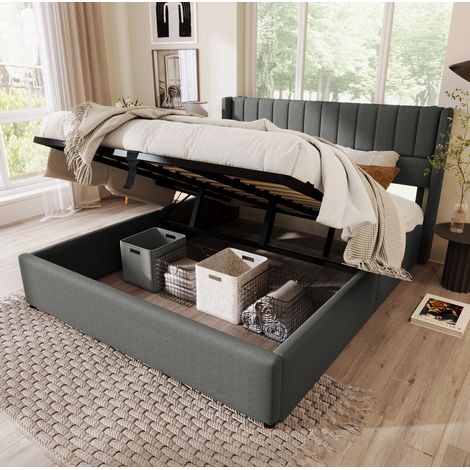 Letto Contenitore 140x200 cm (Materasso Incluso) con Struttura Idraulica in Lino Grigio (1/5)