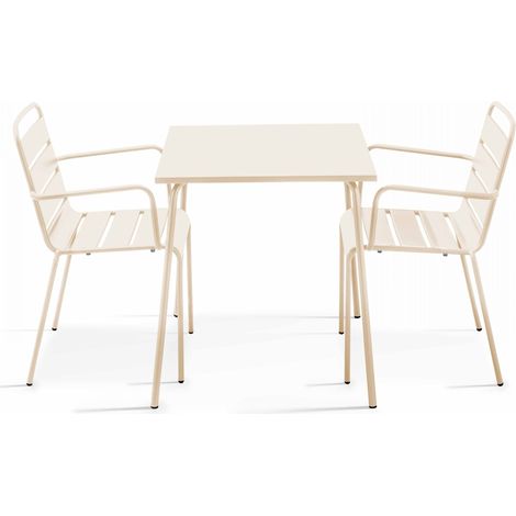Ensemble table de jardin carrée et 2 fauteuils acier ivoire - Palavas (1/5)