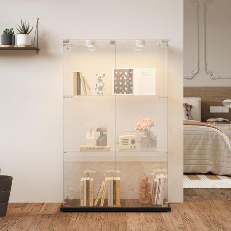 FOERPL-Glasvitrine mit LED-Beleuchtung, Säulenvitrine mit 3 Ablagen für Sammlungen, Glas-Weinschrank mit 2 Tür und Schloss Vertikale Sammlungsvitrine/Aufbewahrungsvitrine