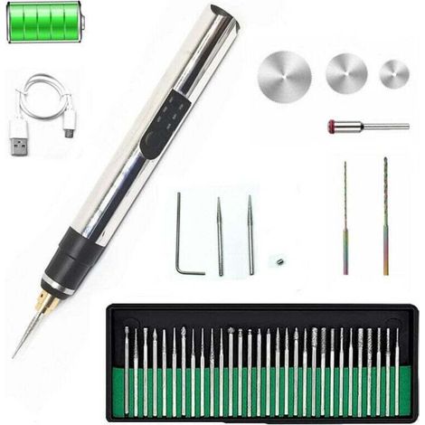 Stylo de gravure électrique, lot de 42, graveur sans fil rechargeable USB, graveur rotatif portable bricolage pour gravure sur pierre, bois, verre. argent. (1/4)
