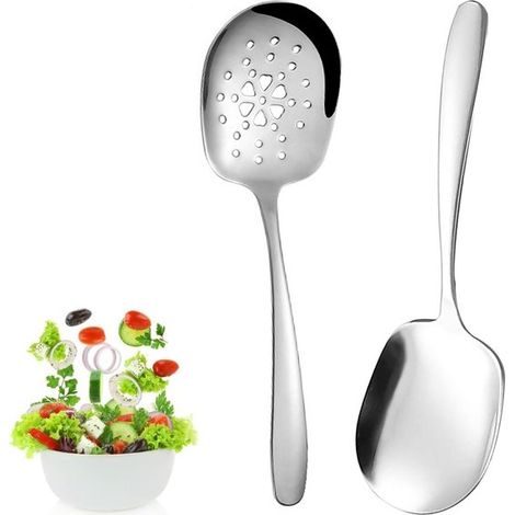 Cucharas de servir de acero inoxidable - Juego de 2 - Cuchara grande para cocinar y cuchara ranurada con mangos largos - 25,2 x 7 cm (1/5)