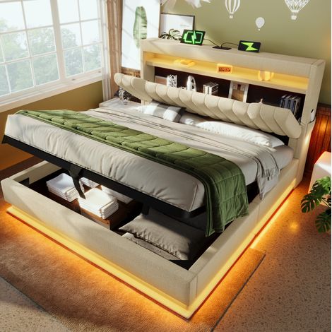 MEUBLIV lit 140x200 cm beige – tête de lit LED, rangement hydraulique, sans matelas (1/5)