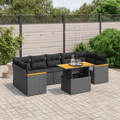 Ensemble jardin 8 places résine tressée noir avec table extensible et coussins lavables - Salon extérieur modulaire (1/3)