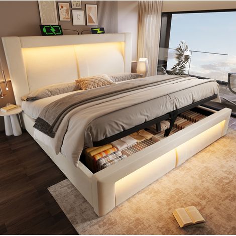 Bett Doppelbett Stauraum 140x200 LED Samt Beige OKMYHOME