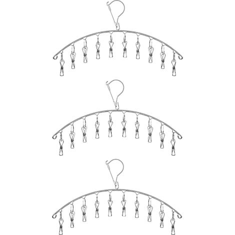Lot de 3 étendoirs à linge en acier inoxydable avec 10 pinces pour chaussettes, sous-vêtements et petits objets. (1/5)