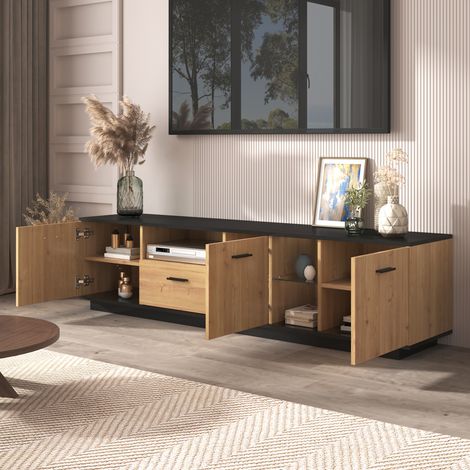 Meuble TV avec un tiroir, trois portes et deux compartiments vitrés. Meuble TV, support TV, meuble bas TV à la finition soignée. Disponible en noir et en bois naturel. 16 spots LED réglables. (1/4)