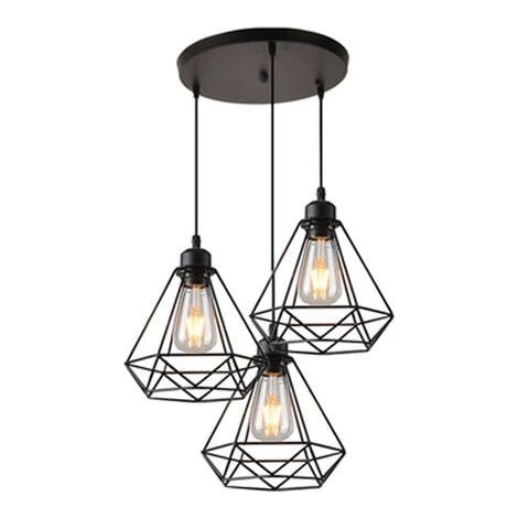 Pendelleuchte, 3 Flammig Hängelampe im Industri Stil, Kronleuchter mit Ø20cm Diamant Käfig für Wohnzimmer Schlafzimmer Esszimmer (Schwarz) (1/5)