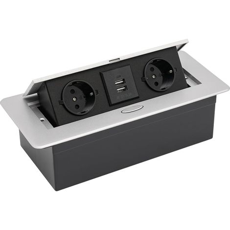 HAUTOUR Prise encastrable escamotable en aluminium - Plan de travail avec 2 prises USB et 2 prises UE - Design pop-up - Multiprise de table pour cuisine, bureau (argent, sans câble d'alimentation) (1/5)