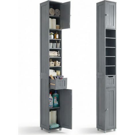 Vounot – Colonne de salle de bain 20x20x180cm – Meuble rangement 5 étagères réglables, 1 tiroir, 2 portes – MDF imperméable – Design épuré gris