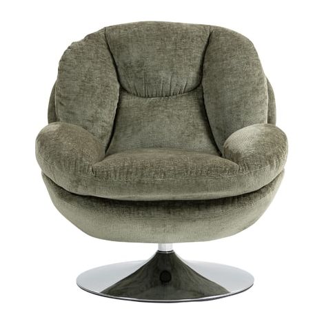M&S – Fauteuil cosy pivotant en velours vert olive – Base pivotante en métal chromé – Dimensions 81x84x84cm – Hauteur d'assise 46cm (1/3)