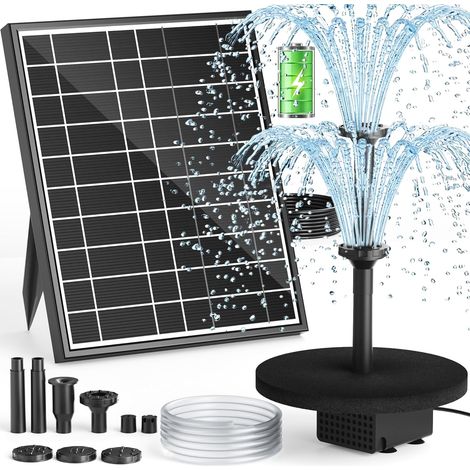 Pompe à Fontaine Solaire avec Batterie, 7.5W Pompe Solaire 3000mAh Intégrée, Buses Double Couche 7+ Modes & Tuyau PVC 1.5m, Fontaine Bassin pour Bac à Oiseaux Jardin
