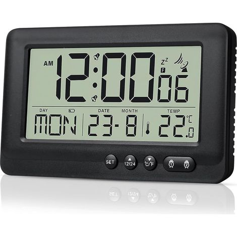 Reloj despertador digital, reloj despertador digital radiocontrolado, reloj despertador radiocontrolado, alarma de 2 horas, función de repetición, reloj despertador con retroiluminación, negro. (1/5)