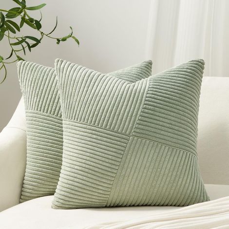 Housse Coussin Canape 40x40 Vert Sauge en Velours Côtelé Super Doux,Housse Coussin Decoratif Canape Motif à Rayures Patchwork Decoration Maison Salon Chambre pour Canapé Lot de 2