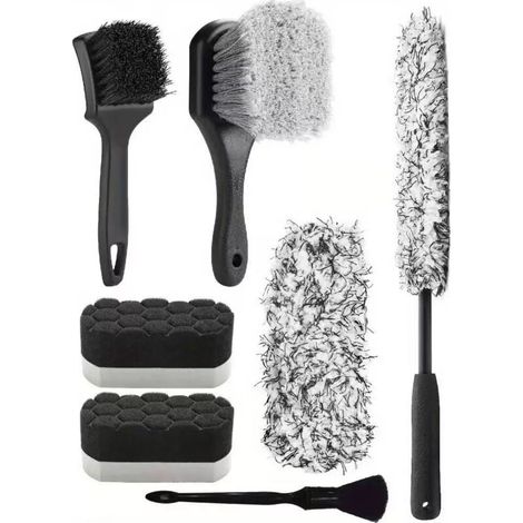 Kit de 7 brosses de nettoyage automobile : brosse en microfibre pour jantes, brosse pour pneus et jantes, brosse détaillée double-face, éponge de polissage (1/5)